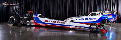 Leah Pruett will return to the cockpit of the Tony Stewart Racing (TSR) Dodge Top Fuel dragster (left), with Matt Hagan racing the TSR Dodge//SRT Hellcat NHRA Funny Car (right) in the 2026 NHRA Mission Drag Racing Series.